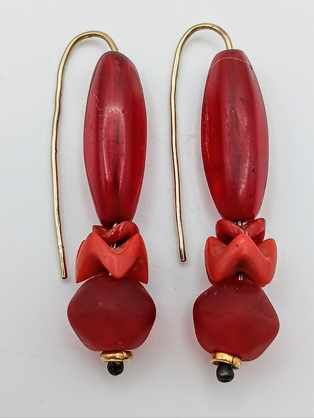 Vintage Artisan Red Glass & Carved Bead Dangle Earrings 1.75"